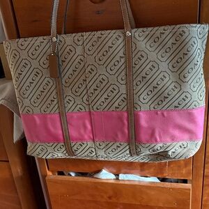 Coach Beige Signature Canvas Tote with Pink Stripe